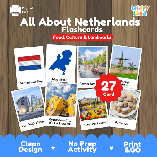 All About Netherlands flashcards cover showing 27 cards featuring Dutch flag, map, canals, windmills, and traditional food
