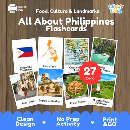 Printable 27-card All About Philippines flashcard set featuring Philippine flag, map, Manila Cathedral, and Pancit Canton 🇵🇭📦