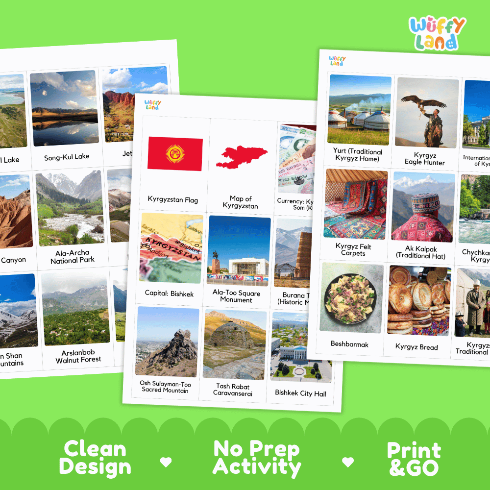 All About Kyrgyzstan Flashcards | Food, Culture, and Landmarks Geography Activity