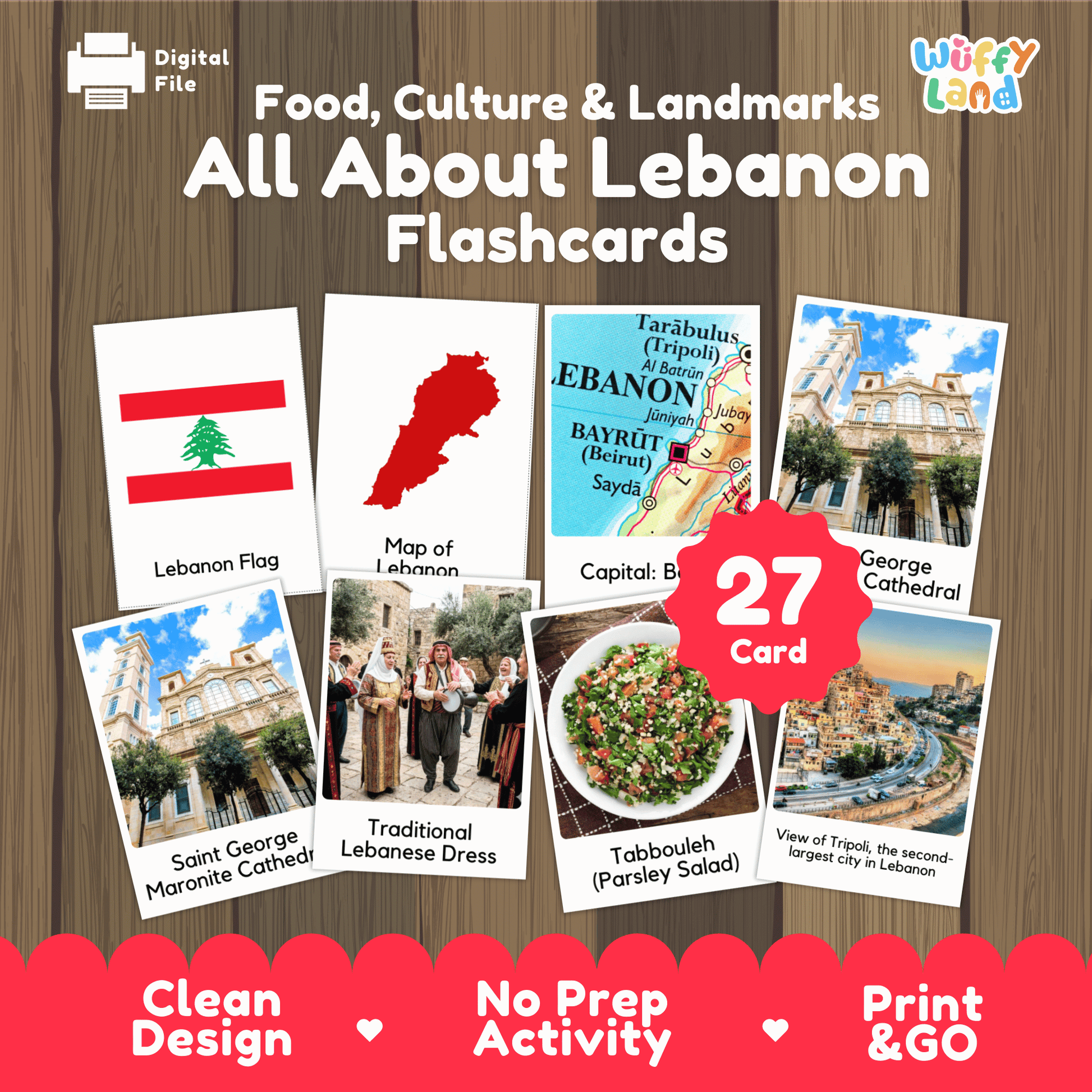 Promotional graphic for a digital product containing 27 'All About Lebanon' flashcards. The image shows sample cards with images of the Lebanese flag, map, capital, cathedrals, traditional dress, salad, and views, set against a wood-grain background with feature badges at the bottom.
