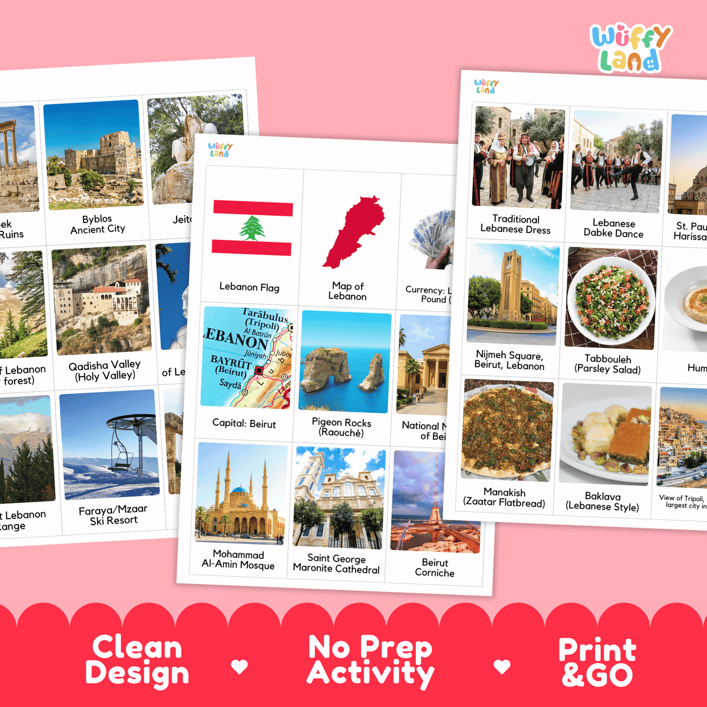 Three educational travel-themed activity cards from Wiffy Land are displayed on a pink background. The cards feature travel photos, flags, maps, and cultural details for Lebanon and Beirut.