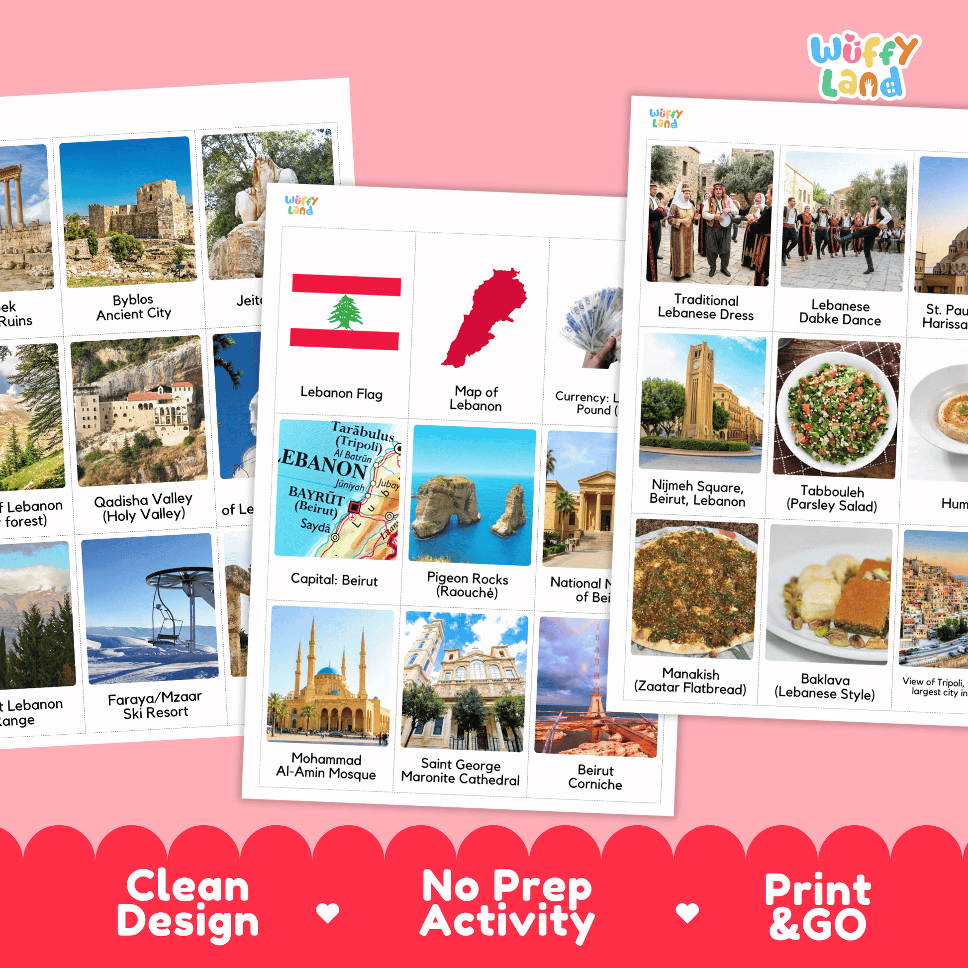 Three educational travel-themed activity cards from Wiffy Land are displayed on a pink background. The cards feature travel photos, flags, maps, and cultural details for Lebanon and Beirut.
