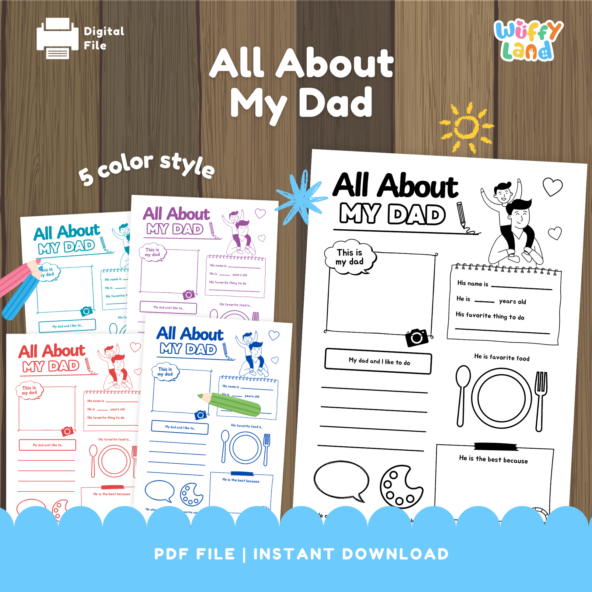 A set of “All About My Dad” printable worksheets in five color styles. Includes spaces for kids to draw their dad, write his name, age, favorite food, things they like to do together, and why he is the best. Cute Father’s Day activity for preschool and elementary students