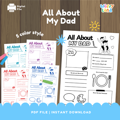 A set of “All About My Dad” printable worksheets in five color styles. Includes spaces for kids to draw their dad, write his name, age, favorite food, things they like to do together, and why he is the best. Cute Father’s Day activity for preschool and elementary students