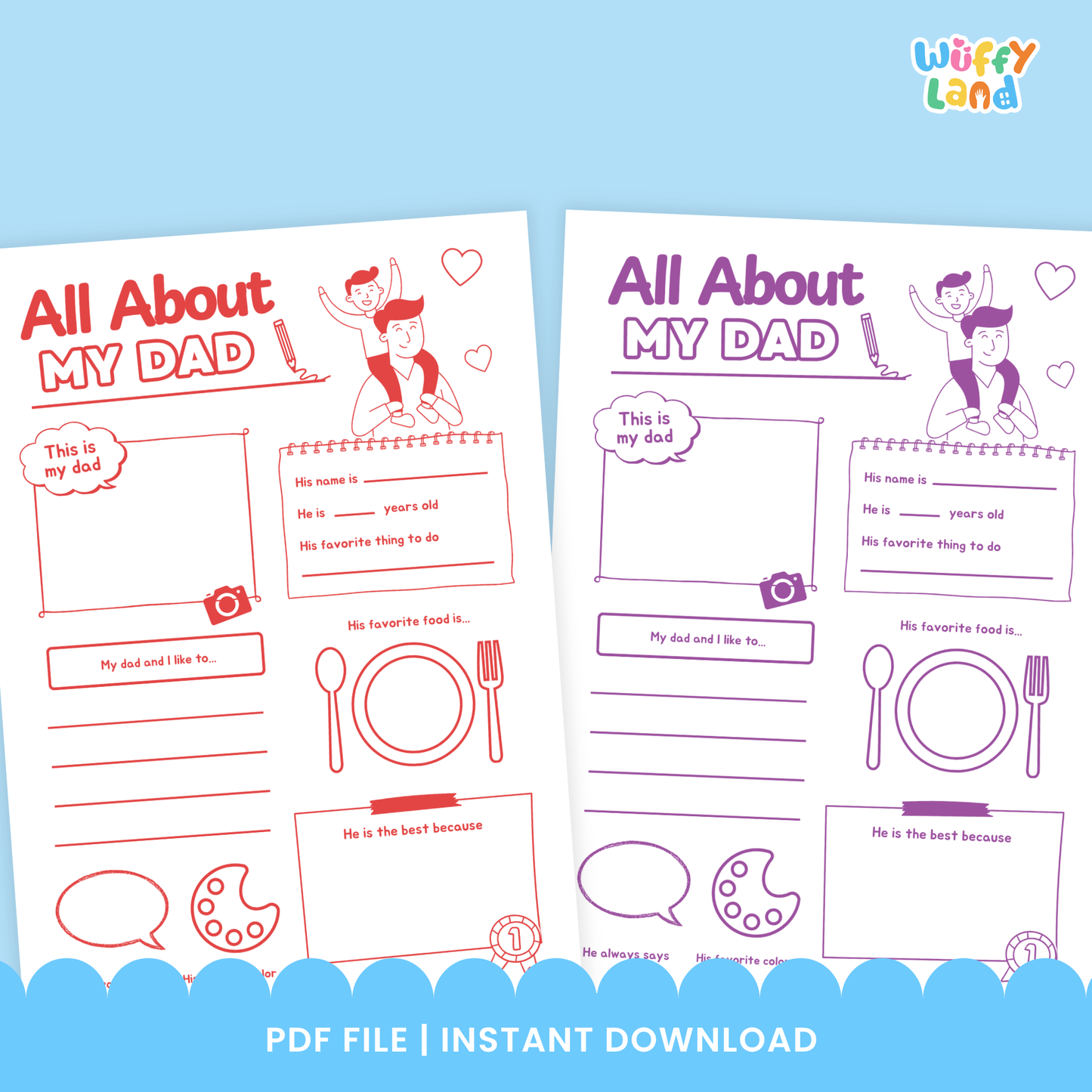 A set of “All About My Dad” printable worksheets in five color styles. Includes spaces for kids to draw their dad, write his name, age, favorite food, things they like to do together, and why he is the best. Cute Father’s Day activity for preschool and elementary students