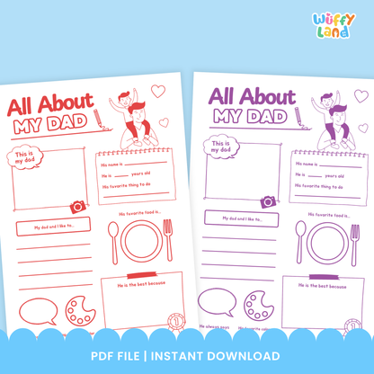 A set of “All About My Dad” printable worksheets in five color styles. Includes spaces for kids to draw their dad, write his name, age, favorite food, things they like to do together, and why he is the best. Cute Father’s Day activity for preschool and elementary students