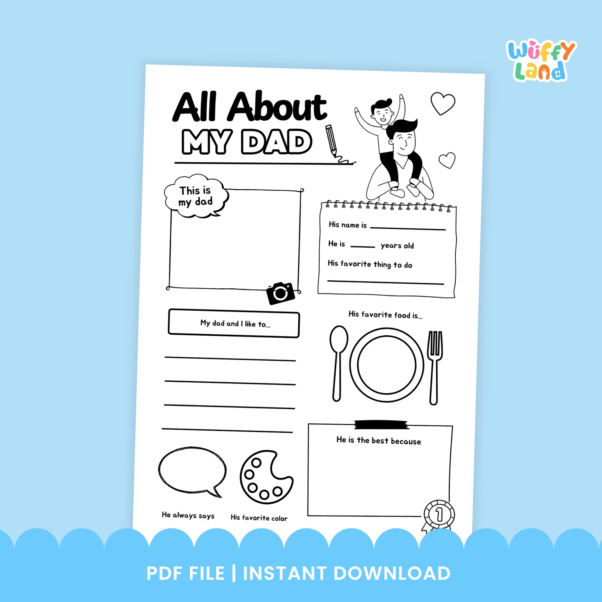 A set of “All About My Dad” printable worksheets in five color styles. Includes spaces for kids to draw their dad, write his name, age, favorite food, things they like to do together, and why he is the best. Cute Father’s Day activity for preschool and elementary students