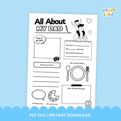 A set of “All About My Dad” printable worksheets in five color styles. Includes spaces for kids to draw their dad, write his name, age, favorite food, things they like to do together, and why he is the best. Cute Father’s Day activity for preschool and elementary students