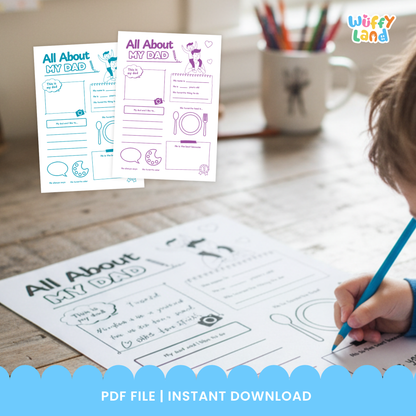 A set of “All About My Dad” printable worksheets in five color styles. Includes spaces for kids to draw their dad, write his name, age, favorite food, things they like to do together, and why he is the best. Cute Father’s Day activity for preschool and elementary students