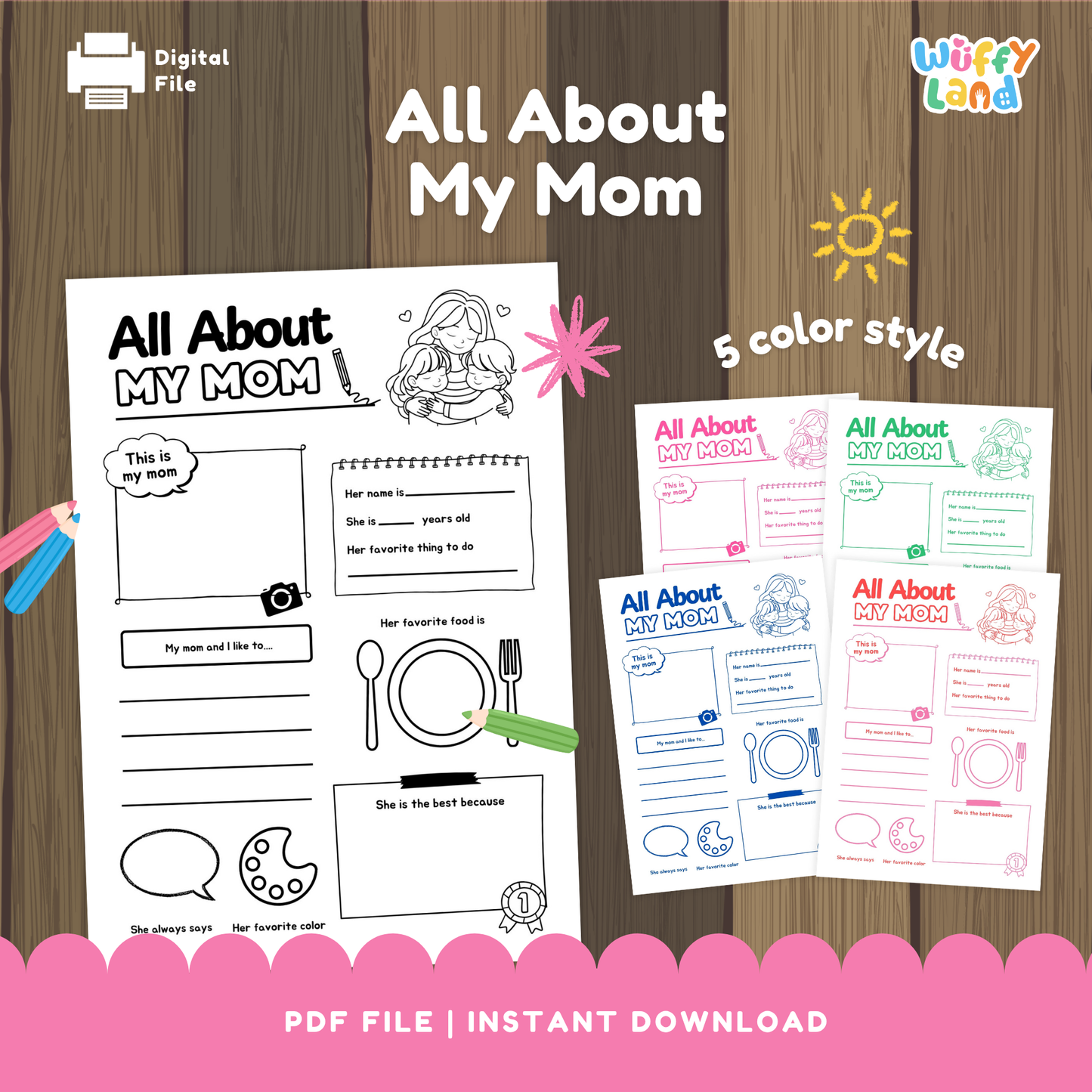 A set of “All About My Mom” printable worksheets featuring fill-in-the-blank prompts, drawing sections, and cute illustrations of a mother and child, available in five different color styles.