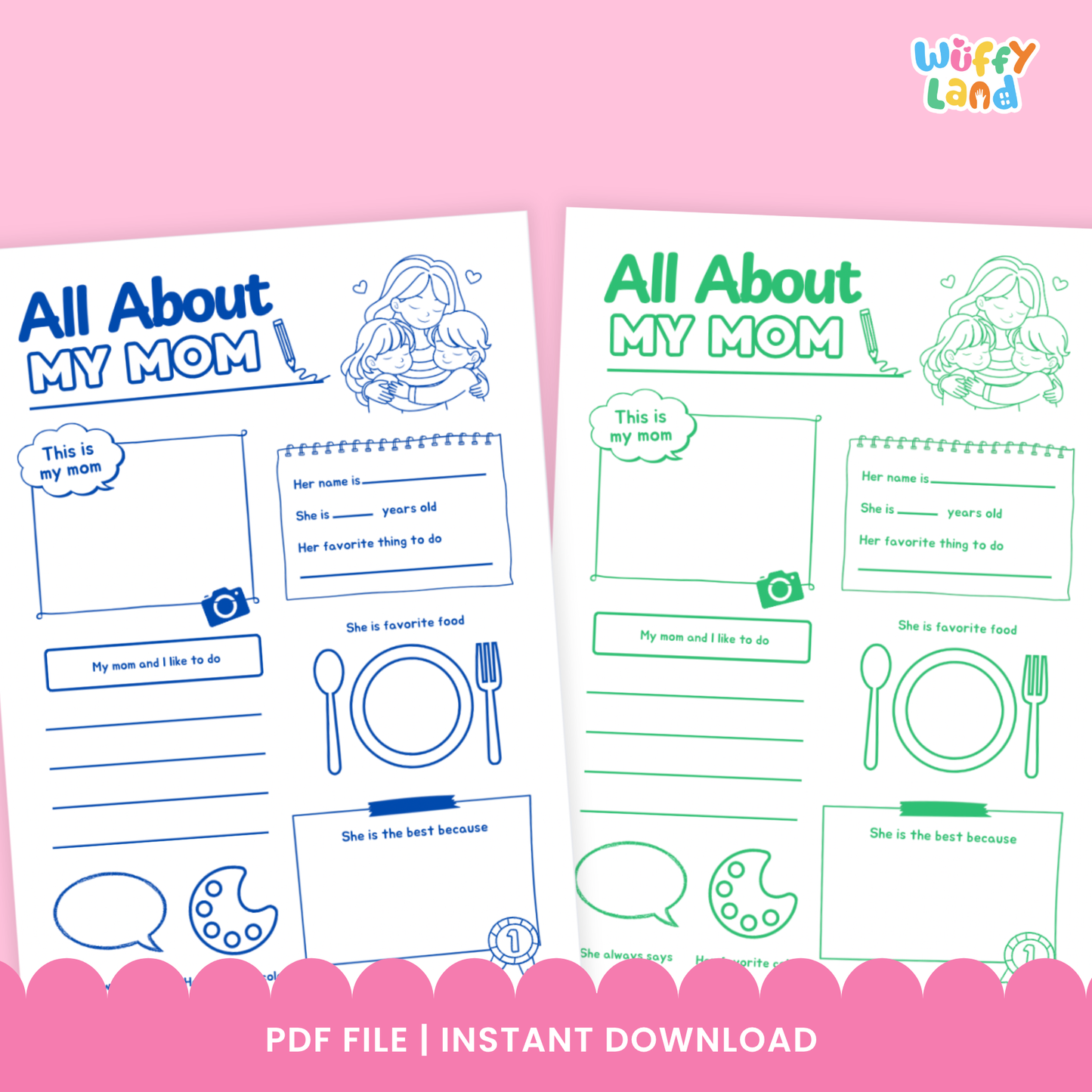 A set of “All About My Mom” printable worksheets featuring fill-in-the-blank prompts, drawing sections, and cute illustrations of a mother and child, available in five different color styles