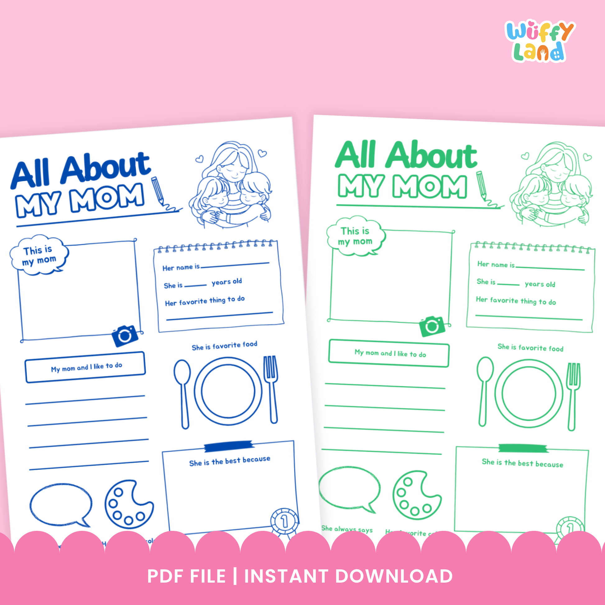 A set of “All About My Mom” printable worksheets featuring fill-in-the-blank prompts, drawing sections, and cute illustrations of a mother and child, available in five different color styles