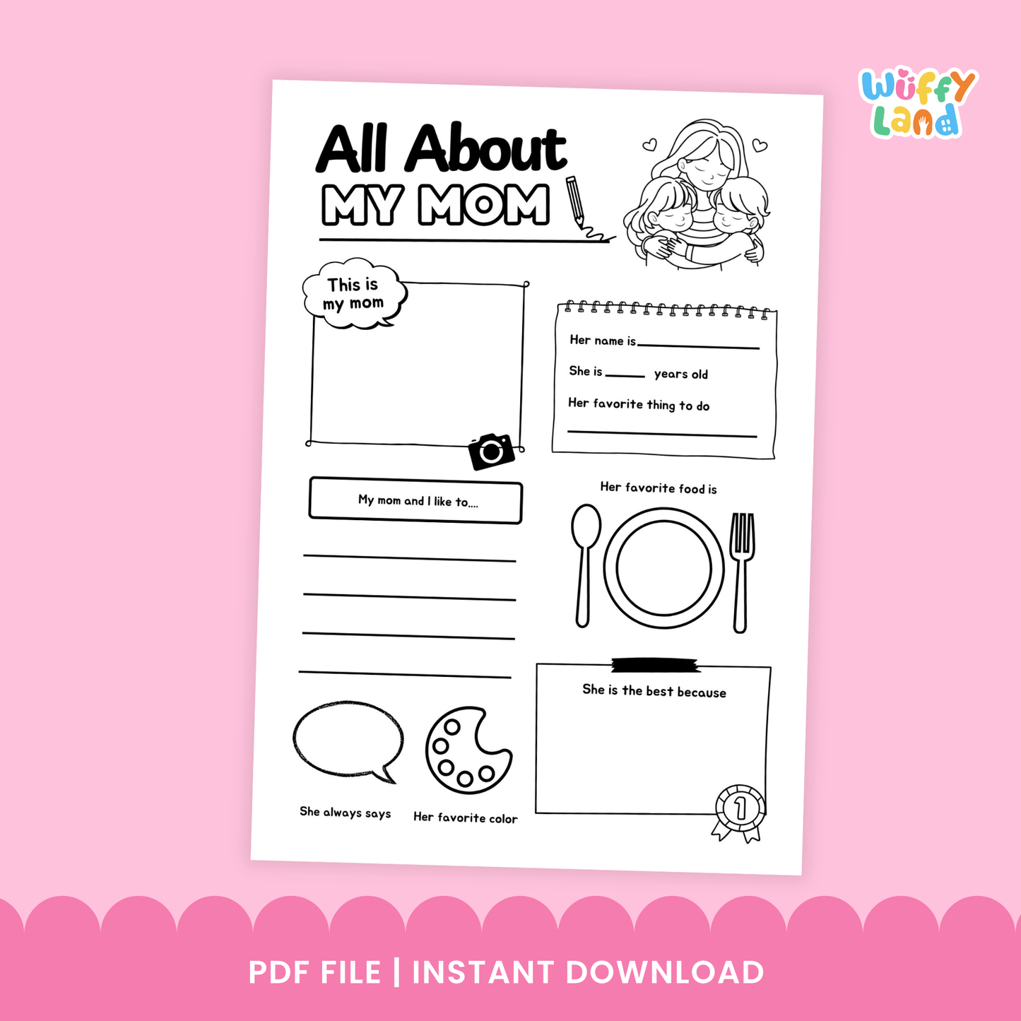 A set of “All About My Mom” printable worksheets featuring fill-in-the-blank prompts, drawing sections, and cute illustrations of a mother and child, available in five different color styles