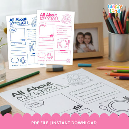 A set of “All About My Mom” printable worksheets featuring fill-in-the-blank prompts, drawing sections, and cute illustrations of a mother and child, available in five different color styles