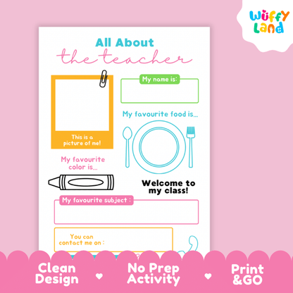 All About The Teacher Meet the Teacher Template Printable Worksheets