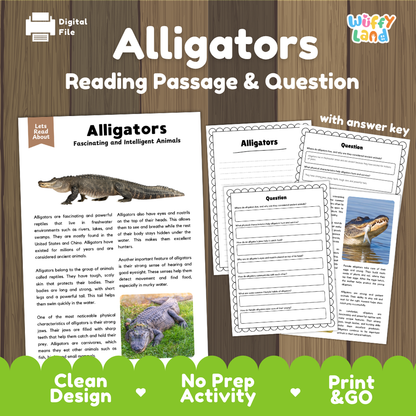 Digital reading activity bundle for alligators, featuring a reading passage, worksheet pages, and a separate answer key, displayed on a wood background with promotional text at the bottom.