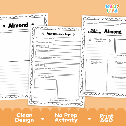 Three printable worksheet pages for fruit research are shown on an orange background. The pages feature black-and-white activity sheets with headings like 'Almond' and 'Fruit Research Page,' plus a 'Wiffly Land' logo in the top right.