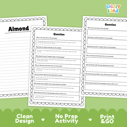 Three printable worksheet pages for an almond-themed reading activity, shown on a light green background with decorative scalloped borders and the text 'Clean Design', 'No Prep Activity', and 'Print & GO'. The top-right corner includes the 'Wiffly Land' logo.