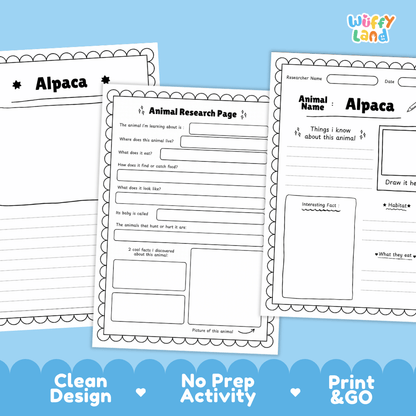 Alpaca Animal Research Page Worksheets