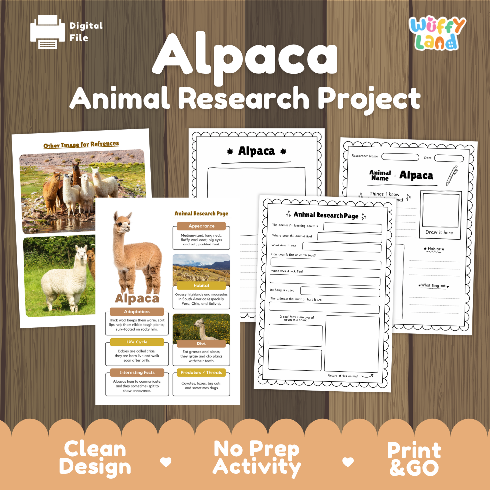 Digital file preview for an 'Alpaca Animal Research Project' educational worksheet set by Wiffy Land, displayed on a wood-grain background with promotional text at the bottom.