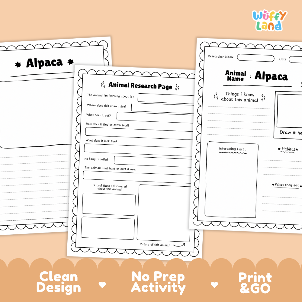 Three printable worksheet pages for an alpaca animal research activity, shown on a peach background with decorative text reading 'Clean Design', 'No Prep Activity', and 'Print & GO'. The pages are black-and-white lined writing sheets with title sections for 'Alpaca' and 'Animal Research Page'.