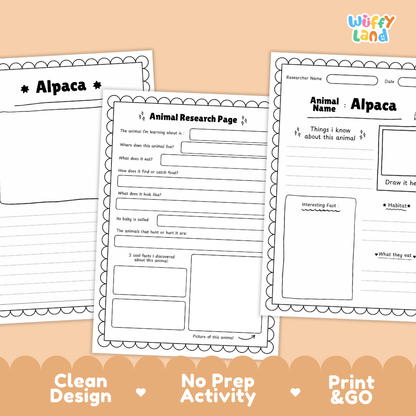 Three printable worksheet pages for an alpaca animal research activity, shown on a peach background with decorative text reading 'Clean Design', 'No Prep Activity', and 'Print & GO'. The pages are black-and-white lined writing sheets with title sections for 'Alpaca' and 'Animal Research Page'.