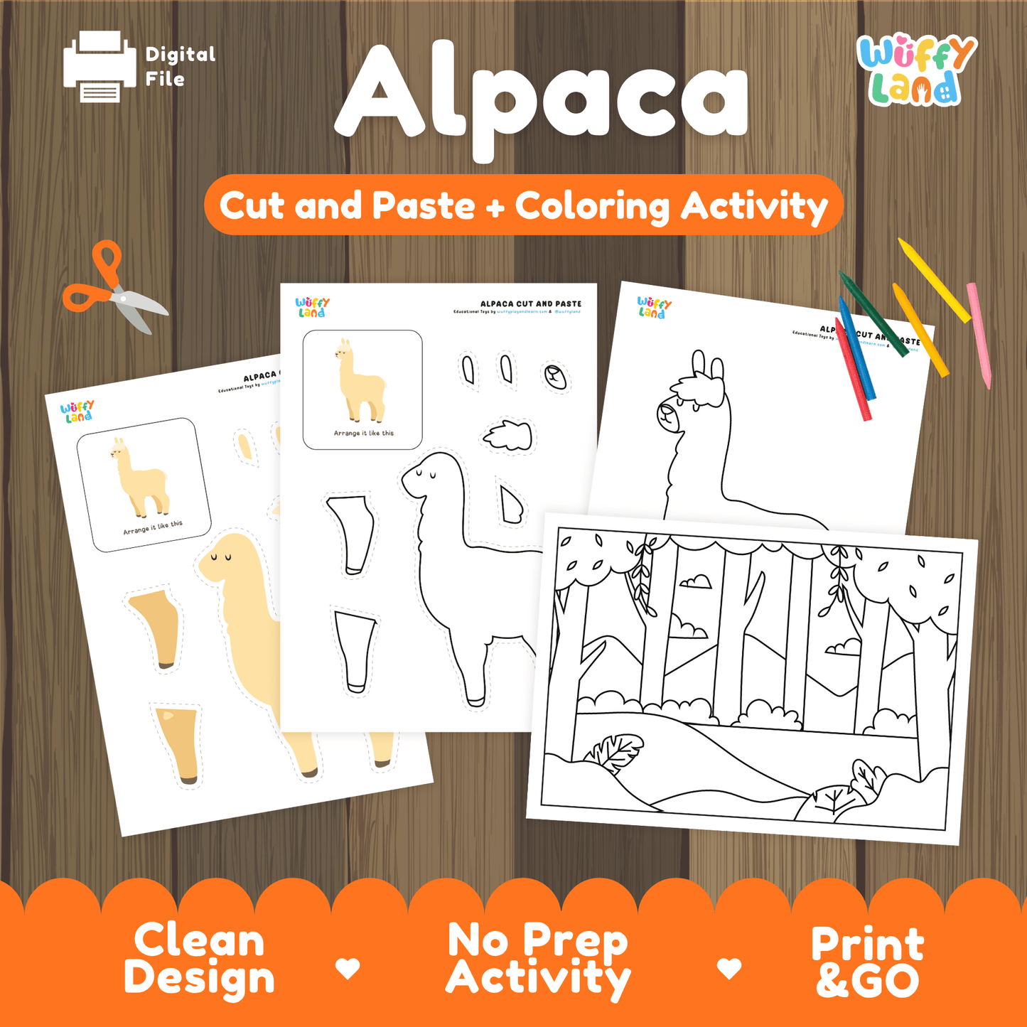 Alpaca Cut and Paste Coloring Activity Worksheets