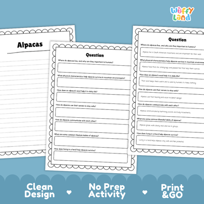 Alpacas Reading Passage and Comprehension Questions Worksheets