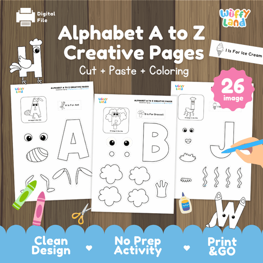 Alphabet A to Z creative pages cut paste coloring activity pack overview from Wuffy Land featuring 26 images 🔤✂️