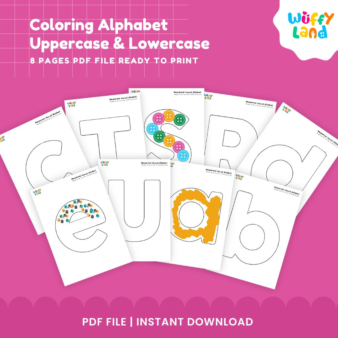 Alphabet coloring uppercase and lowercase worksheets displayed on wooden background for preschool art centers and homeschool literacy shelves 🏫✨