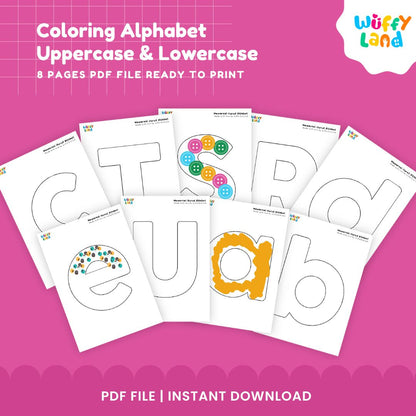 Alphabet coloring uppercase and lowercase worksheets displayed on wooden background for preschool art centers and homeschool literacy shelves 🏫✨