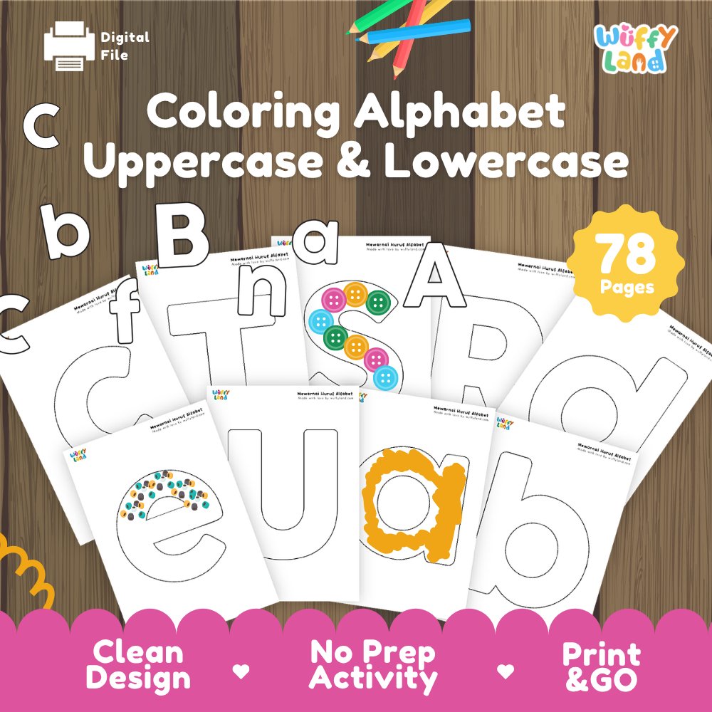 Alphabet Coloring Uppercase and Lowercase ABC Practice printable activity pack overview showing 78 pages from Wuffy Land 🖍️🔤