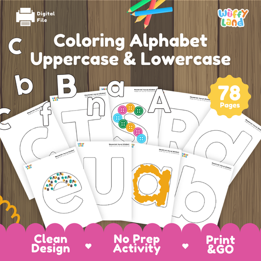 Alphabet Coloring Uppercase and Lowercase ABC Practice printable activity pack overview showing 78 pages from Wuffy Land 🖍️🔤