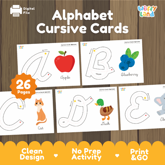 Alphabet cursive cards printable handwriting and phonics tracing activity pack overview from Wuffy Land featuring 26 pages ✍️➰