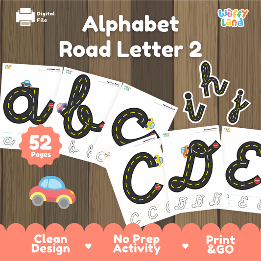 Alphabet Road Letter 2 cursive printable handwriting and car tracing activity pack overview from Wuffy Land featuring 52 pages 🚗➰