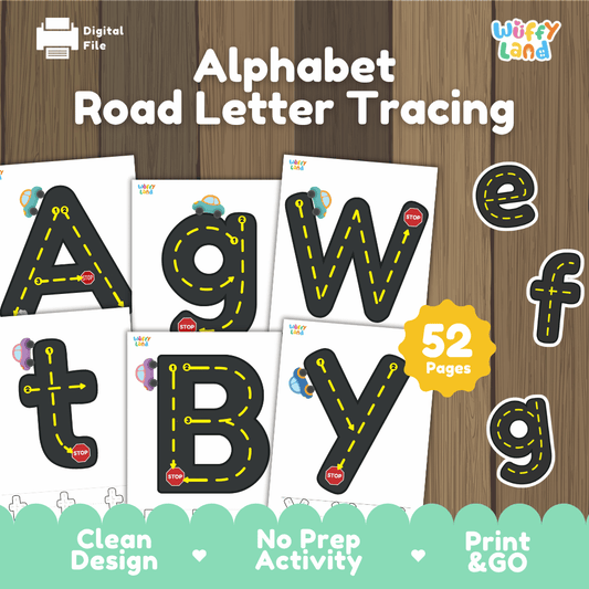 Alphabet road letter tracing printable car driving activity pack overview from Wuffy Land featuring 52 pages 🚗🔤