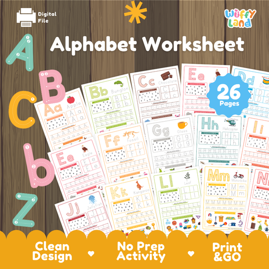 Printable alphabet worksheets for preschool featuring 26 pages of uppercase and lowercase letter tracing, letter recognition and handwriting practice