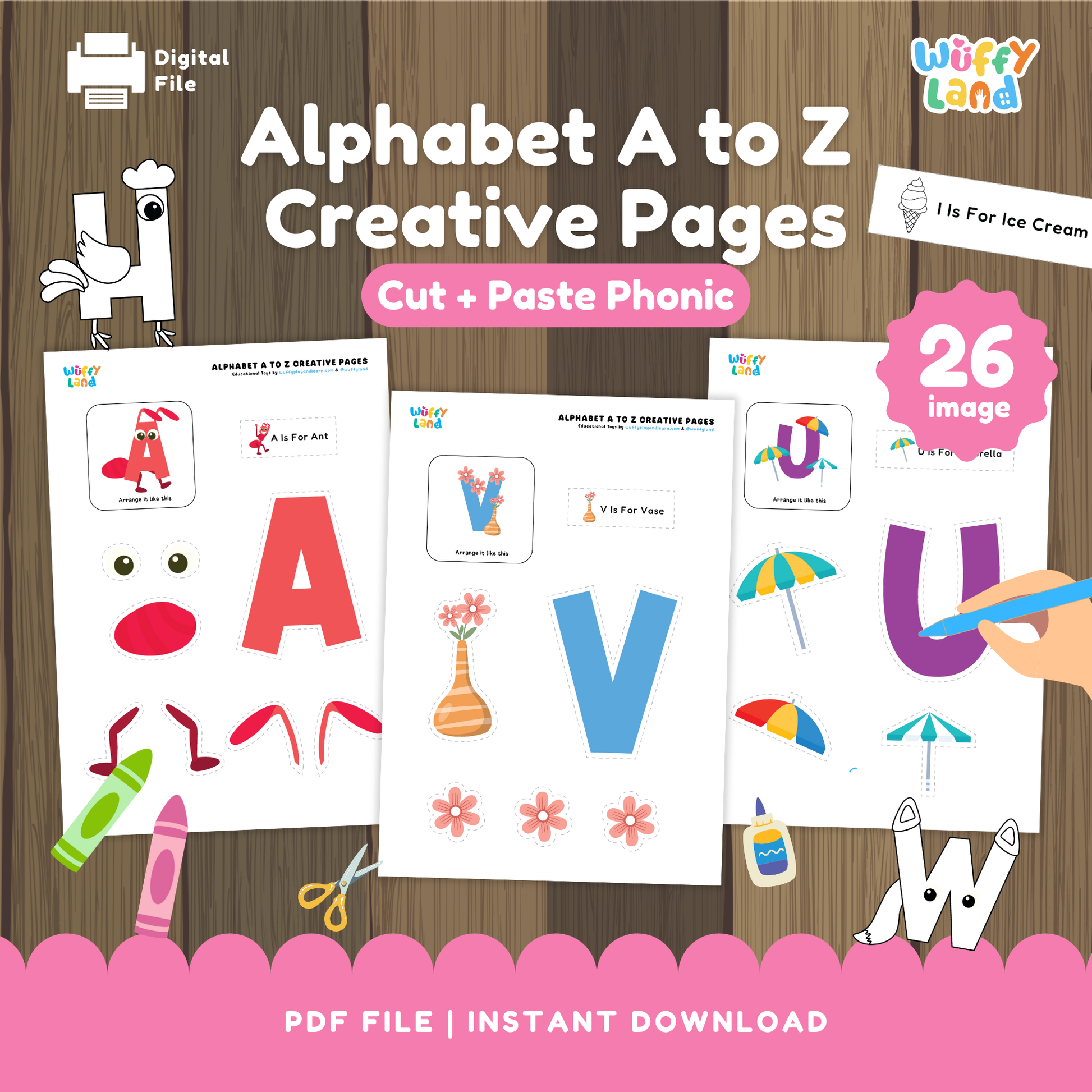 Printable A to Z alphabet craft pages showing letters A, V, and U with cut-and-paste pieces to create themed pictures (A for Ant, V for Vase, U for Umbrella). Includes colorful letter shapes and matching parts for kids to assemble, supporting letter recognition and phonics learning. Ideal for preschool and kindergarten activities