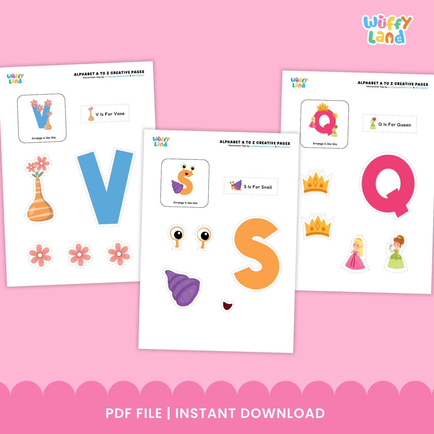Printable A to Z alphabet craft pages showing letters A, V, and U with cut-and-paste pieces to create themed pictures (A for Ant, V for Vase, U for Umbrella). Includes colorful letter shapes and matching parts for kids to assemble, supporting letter recognition and phonics learning. Ideal for preschool and kindergarten activities