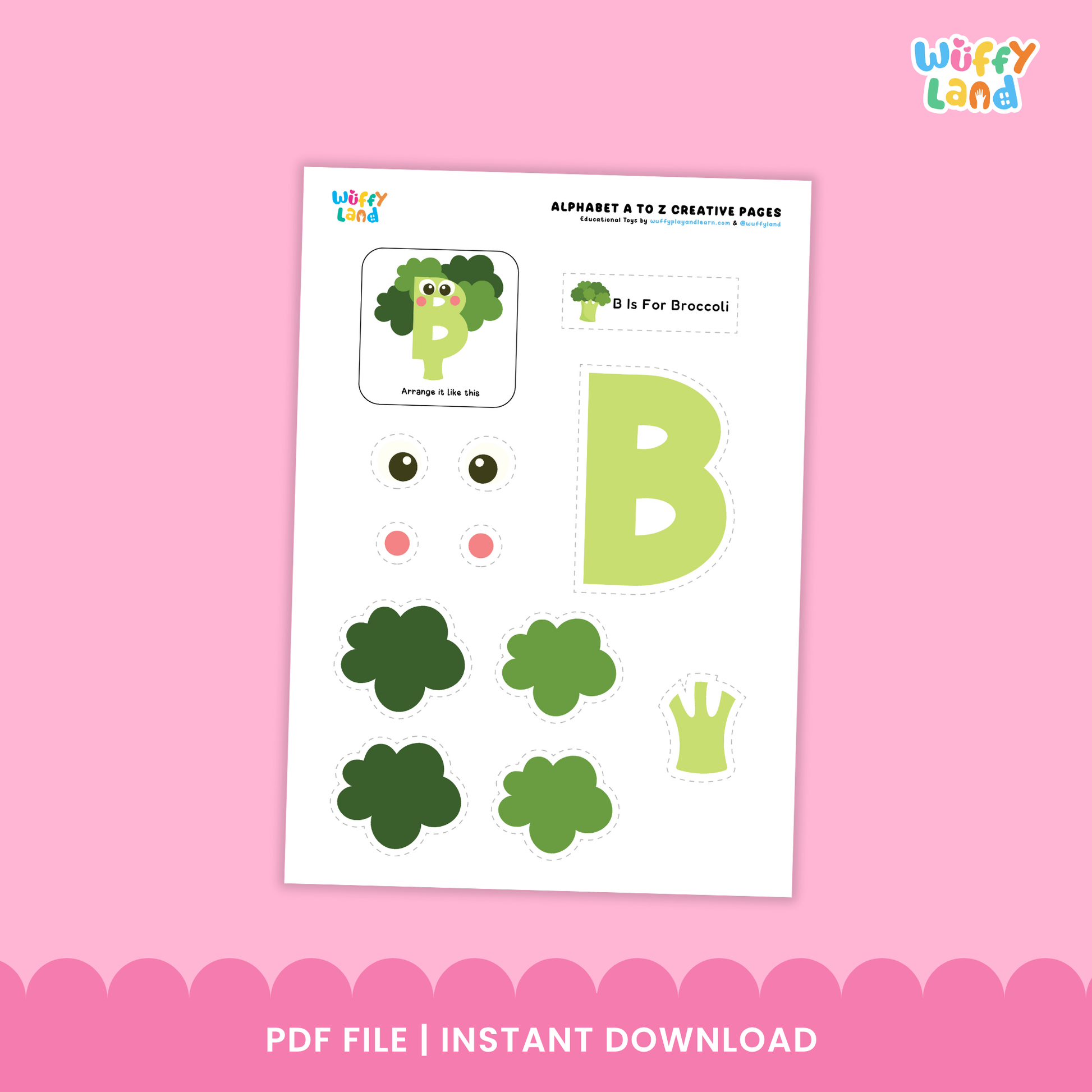 Printable A to Z alphabet craft pages showing letters A, V, and U with cut-and-paste pieces to create themed pictures (A for Ant, V for Vase, U for Umbrella). Includes colorful letter shapes and matching parts for kids to assemble, supporting letter recognition and phonics learning. Ideal for preschool and kindergarten activities