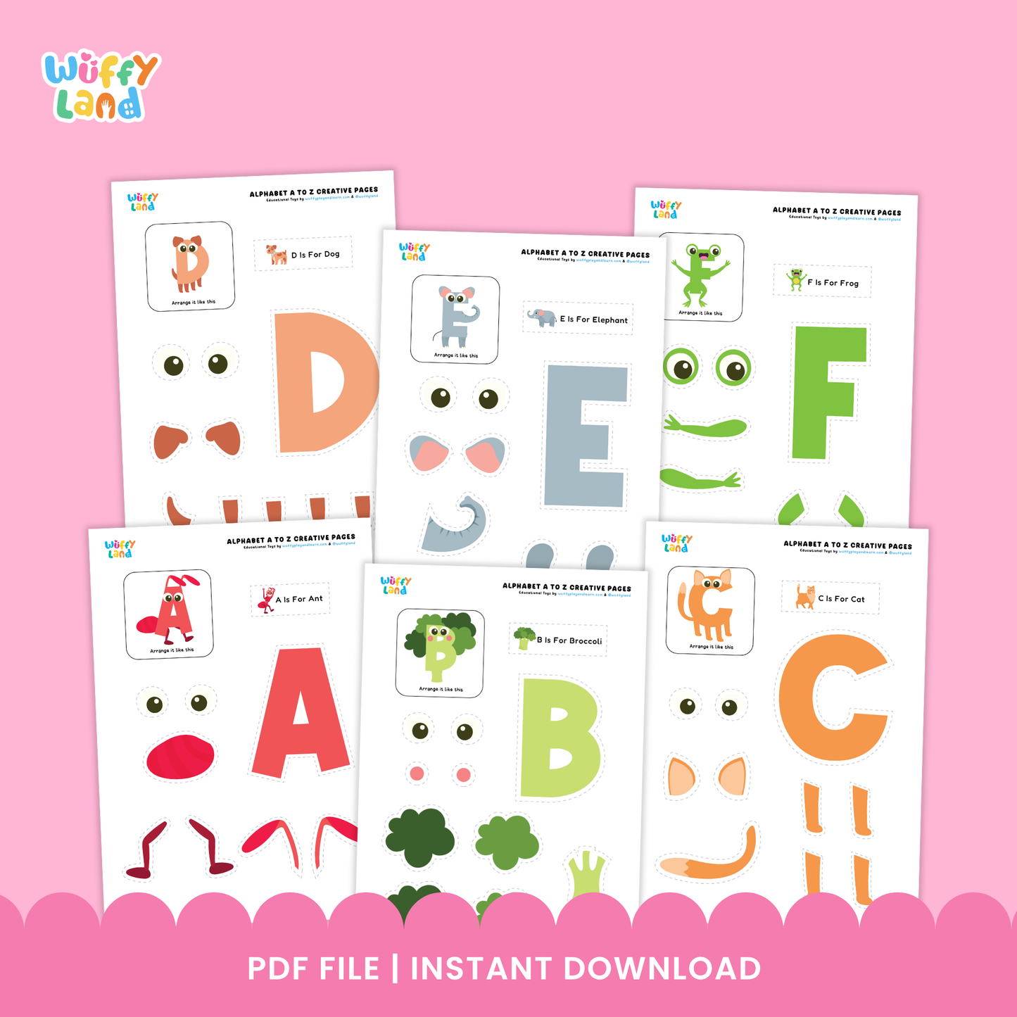 Printable A to Z alphabet craft pages showing letters A, V, and U with cut-and-paste pieces to create themed pictures (A for Ant, V for Vase, U for Umbrella). Includes colorful letter shapes and matching parts for kids to assemble, supporting letter recognition and phonics learning. Ideal for preschool and kindergarten activities
