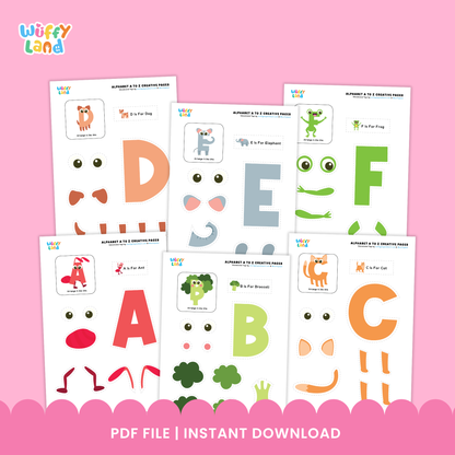 Printable A to Z alphabet craft pages showing letters A, V, and U with cut-and-paste pieces to create themed pictures (A for Ant, V for Vase, U for Umbrella). Includes colorful letter shapes and matching parts for kids to assemble, supporting letter recognition and phonics learning. Ideal for preschool and kindergarten activities
