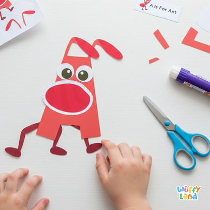 Printable A to Z alphabet craft pages showing letters A, V, and U with cut-and-paste pieces to create themed pictures (A for Ant, V for Vase, U for Umbrella). Includes colorful letter shapes and matching parts for kids to assemble, supporting letter recognition and phonics learning. Ideal for preschool and kindergarten activities