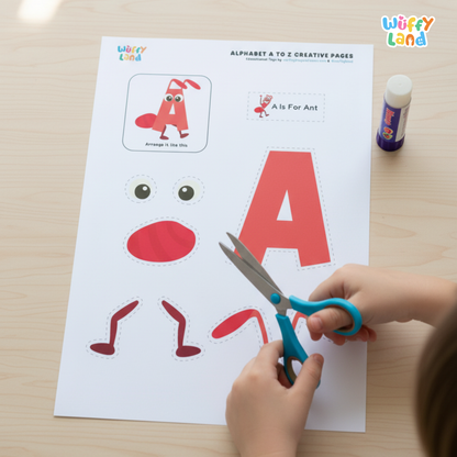 Printable A to Z alphabet craft pages showing letters A, V, and U with cut-and-paste pieces to create themed pictures (A for Ant, V for Vase, U for Umbrella). Includes colorful letter shapes and matching parts for kids to assemble, supporting letter recognition and phonics learning. Ideal for preschool and kindergarten activities