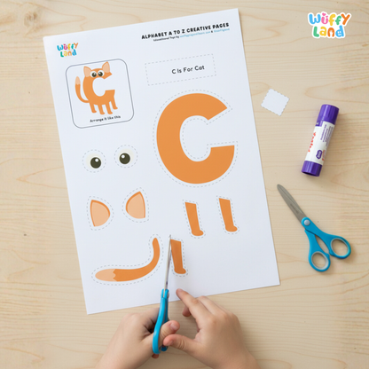 Printable A to Z alphabet craft pages showing letters A, V, and U with cut-and-paste pieces to create themed pictures (A for Ant, V for Vase, U for Umbrella). Includes colorful letter shapes and matching parts for kids to assemble, supporting letter recognition and phonics learning. Ideal for preschool and kindergarten activities