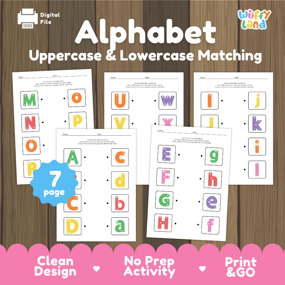 Digital worksheet preview for 'Alphabet Uppercase & Lowercase Matching' by Wiffy Land, showing several sample activity pages on a wood background with a pink banner at the bottom.