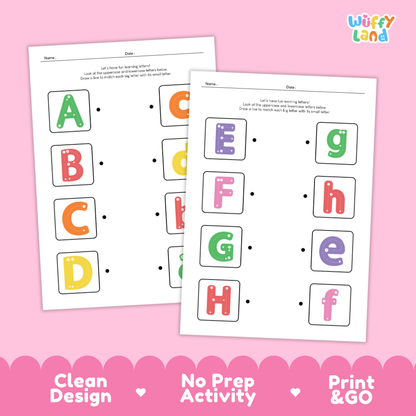 Two printable alphabet learning activity sheets from Wiffy Land on a pink background, with feature badges along the bottom reading Clean Design, No Prep Activity, and Print & Go.