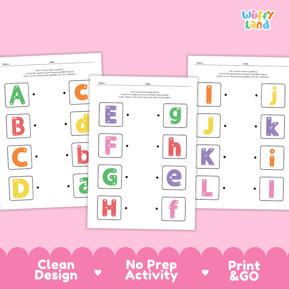 Three printable alphabet tracing activity sheets from Wiffy Land displayed on a pink background with a pink scalloped footer. The sheets show uppercase and lowercase letters in colorful dotted outlines for tracing practice.