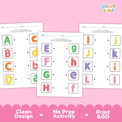 Three printable alphabet tracing activity sheets from Wiffy Land displayed on a pink background with a pink scalloped footer. The sheets show uppercase and lowercase letters in colorful dotted outlines for tracing practice.
