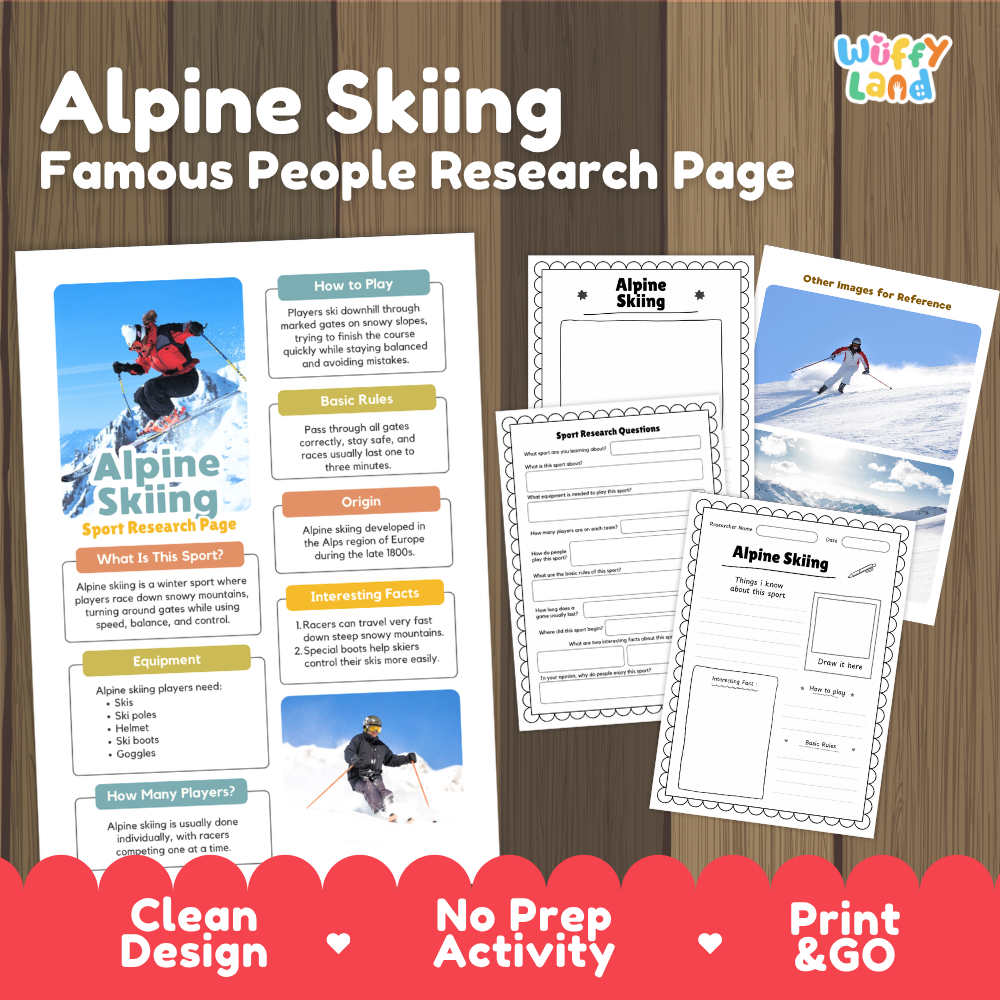 Alpine Skiing Winter Sport Research Project Worksheets and Fact Sheet